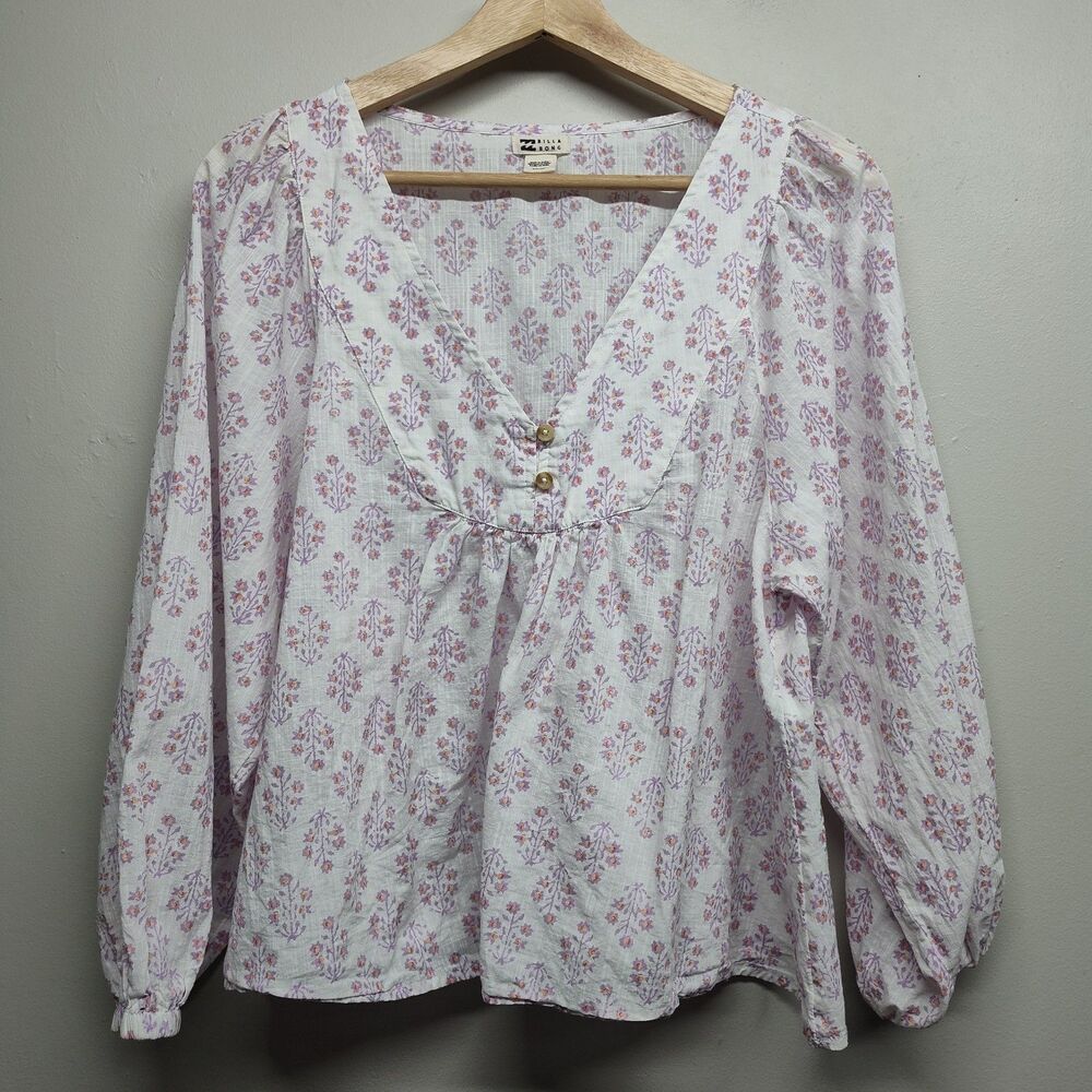 Billabong Blouse Top Women Size S White Floral 100% Cotton Long Sleeve Bohemian